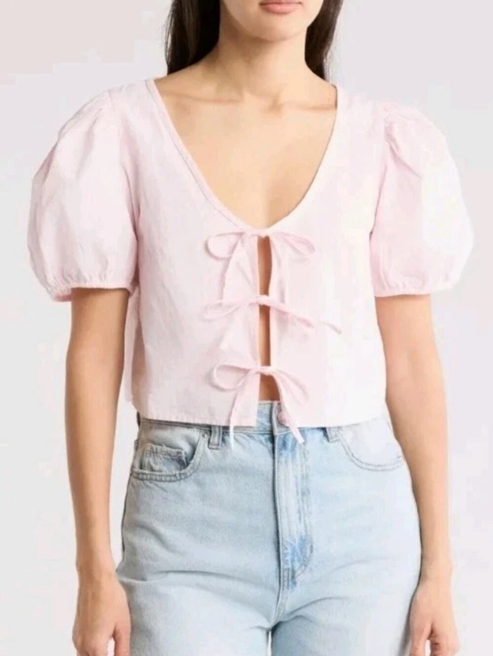 Abound Women's Tie Front 100% Cotton Poplin Crop Top V-Neck Striped Pink Size M